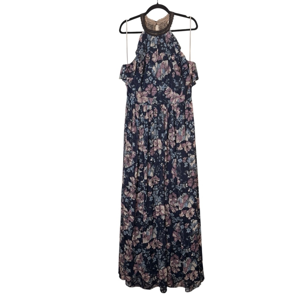 Marchesa Notte Floral Lace Lace Trimmed Crepe Halter Maxi sz 12